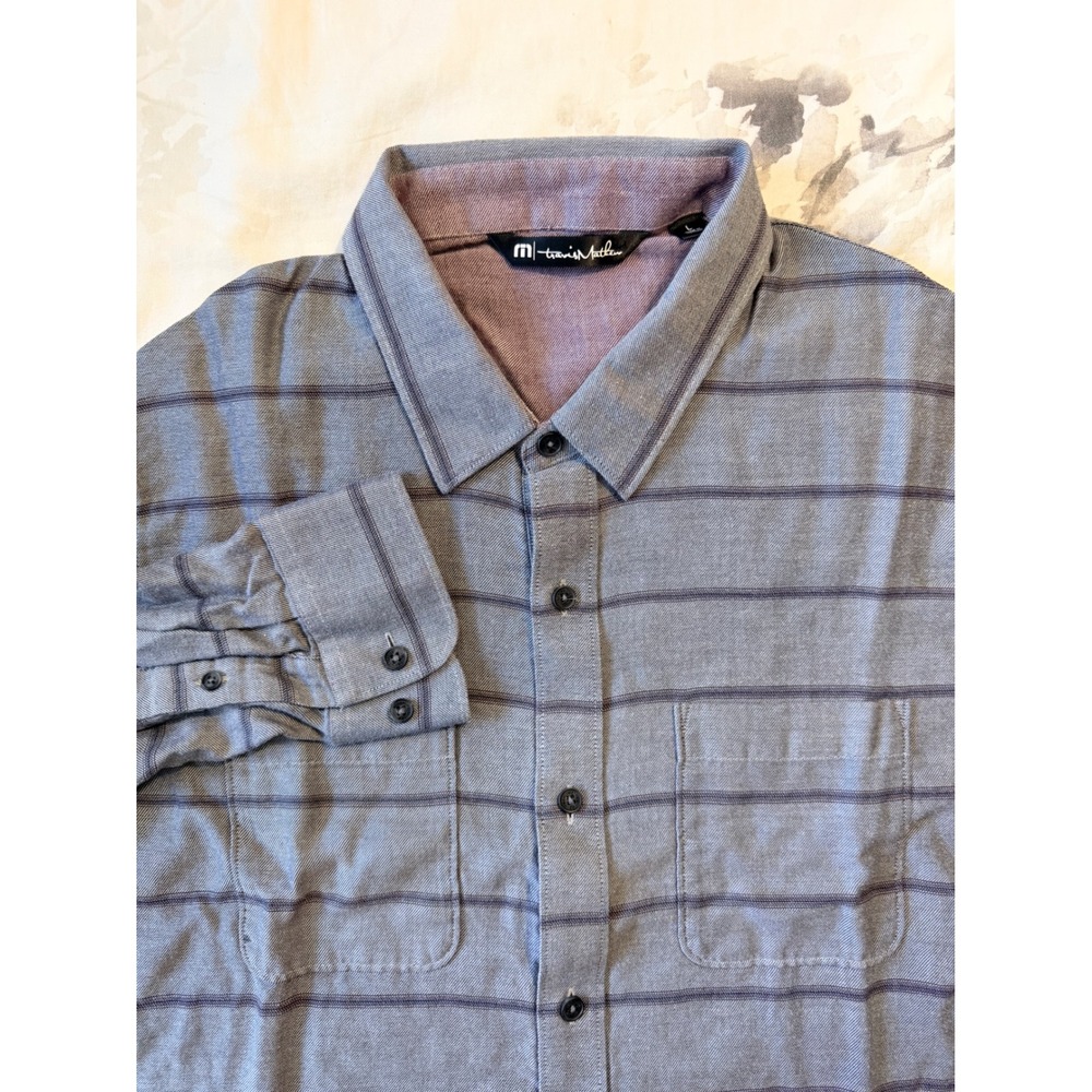 TravisMathew Mens Grey Purple Striped Long Sleeve Cotton Button Up Shirt Flannel